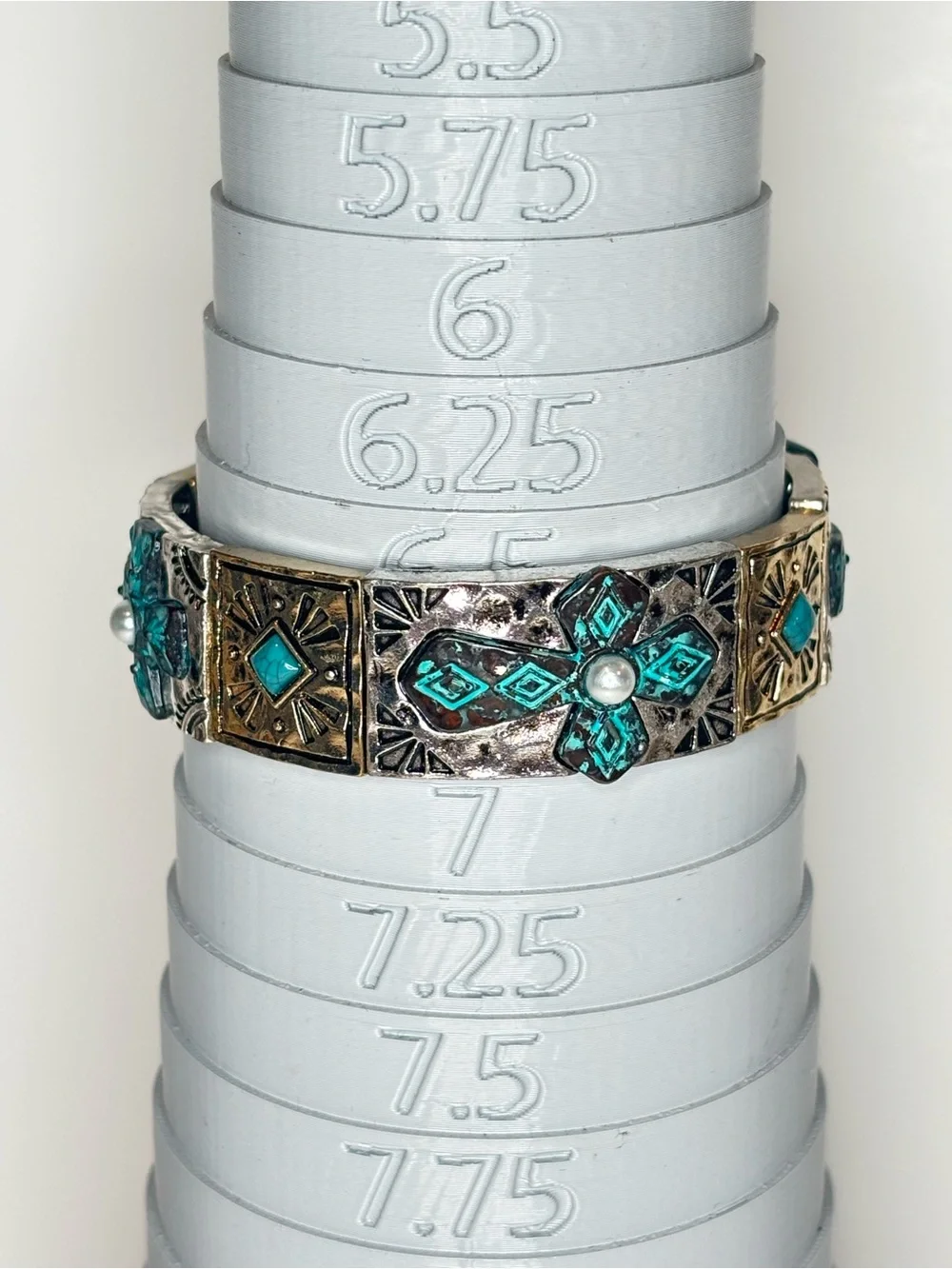 Southwest Style Stretch Bracelet Turquoise Cross Flower Faux Pearl Two Tone